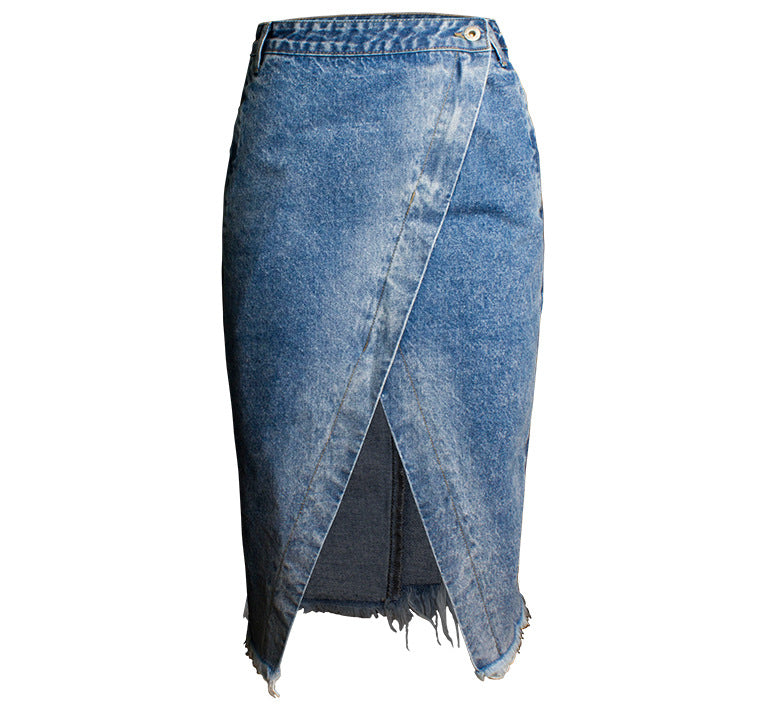 Split Denim Skirt Irregular Fringe High-Waisted Halter Skirt