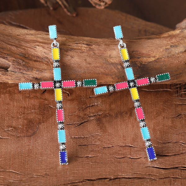 Boho Colorful Cross Dangle Earrings