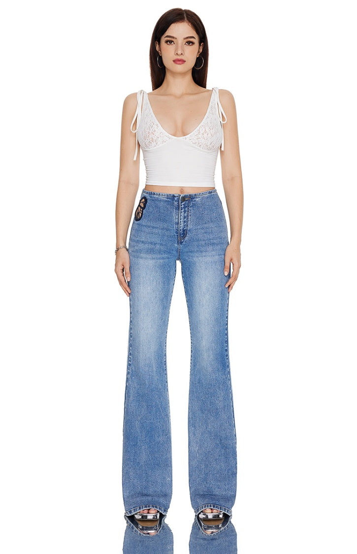 Wide Leg High Rise Butterfly Lace Embroidery Jeans