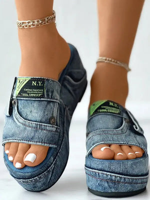 Letter Label Platform Denim Slides
