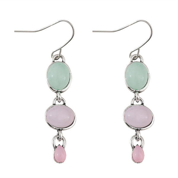 Pink Green Cat's Eye Stone Dangle Earrings