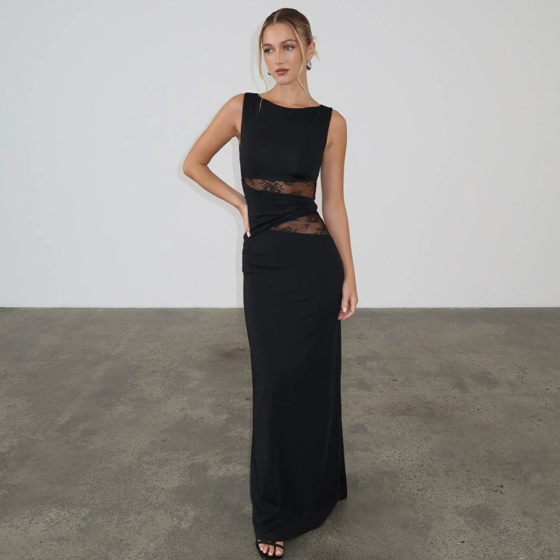 Women's Solid Color Semi-Transparent Lace Cutout Twisted Waist Dress