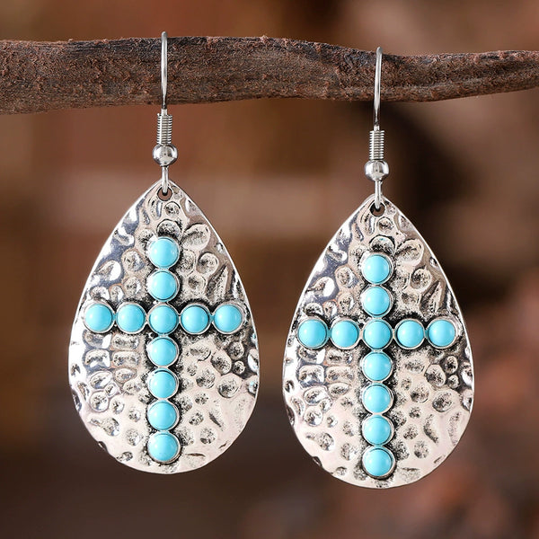 Boho Geometric Teardrop Turquoise Cross Dangle Earrings