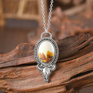 White Turquoise Oval Forest Cow Head Necklace