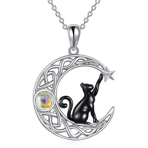 Minimalist Star Moon Black Cat Necklace