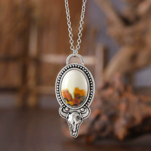 White Turquoise Oval Forest Cow Head Necklace