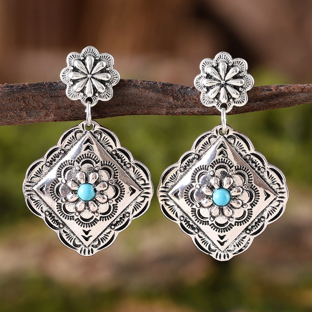 Ethnic Style Geometric Rhombus Flower Dangle Earrings