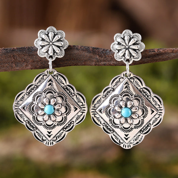 Ethnic Style Geometric Rhombus Flower Dangle Earrings