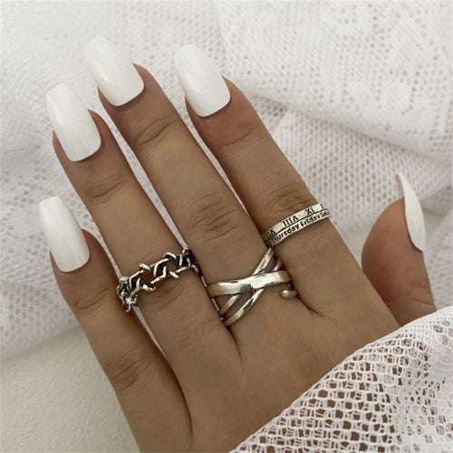 Vintage Roman Numeral Hexagram 3 Piece Ring Set