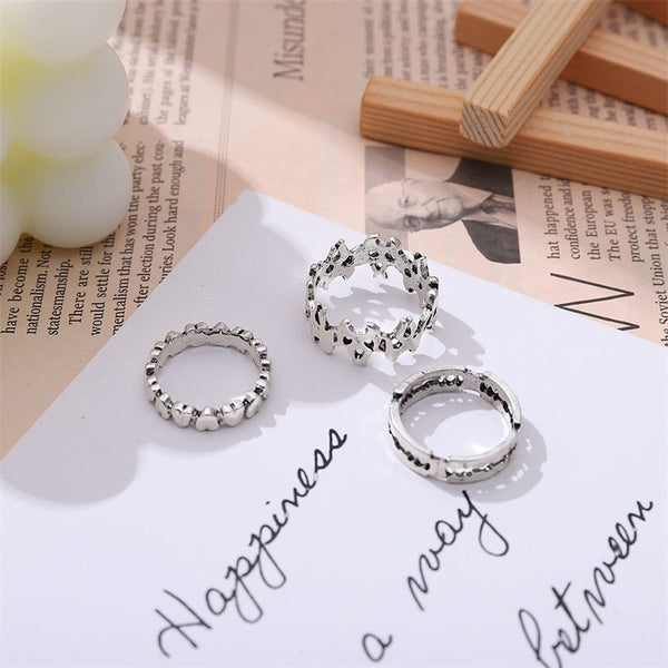 Vintage Roman Numeral Hexagram 3 Piece Ring Set
