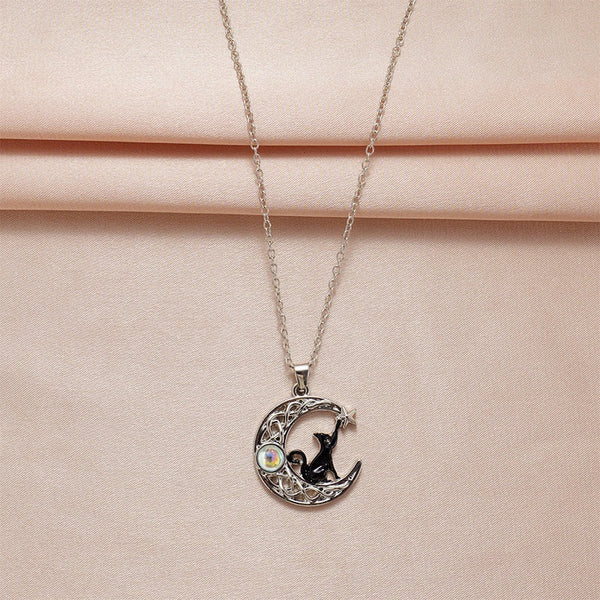Minimalist Star Moon Black Cat Necklace