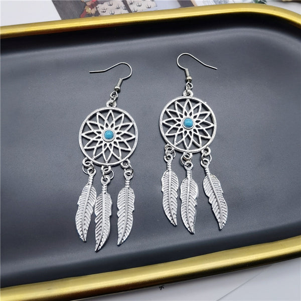 Dreamcatcher Feather Turquoise Drop Earrings