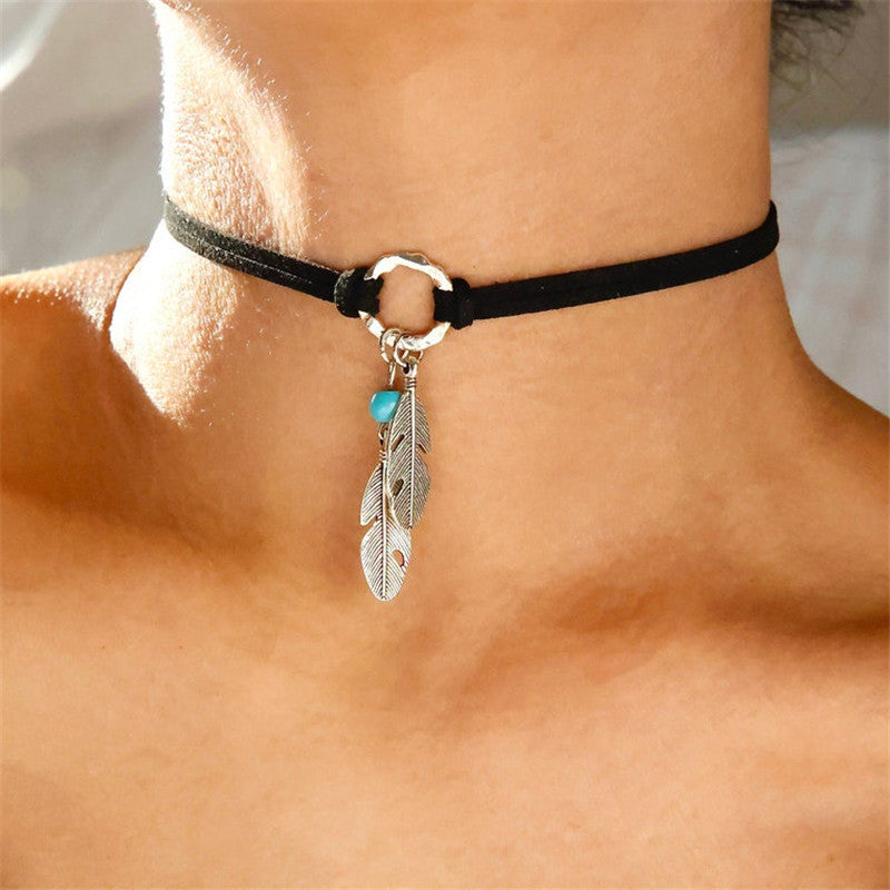 Ethnic Style Circle Feather Circle Turquoise Necklace