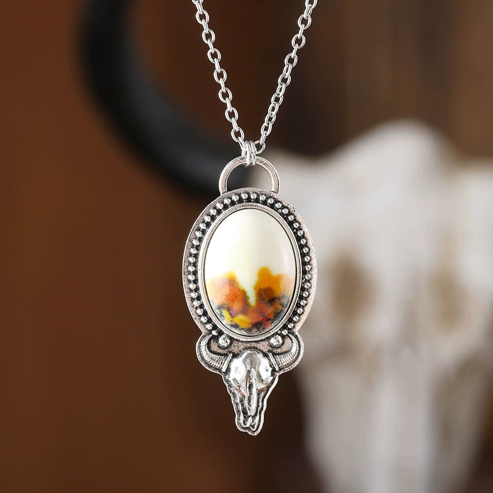 White Turquoise Oval Forest Cow Head Necklace