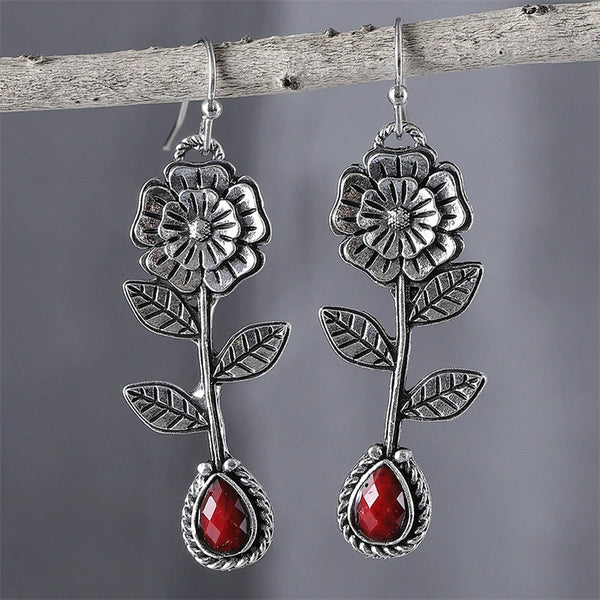 Ethnic Style Ruby Flower Earrings