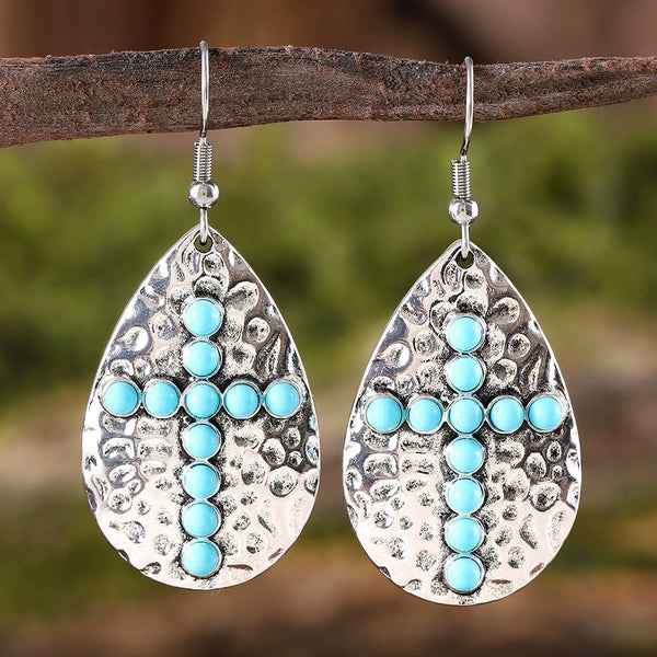 Boho Geometric Teardrop Turquoise Cross Dangle Earrings