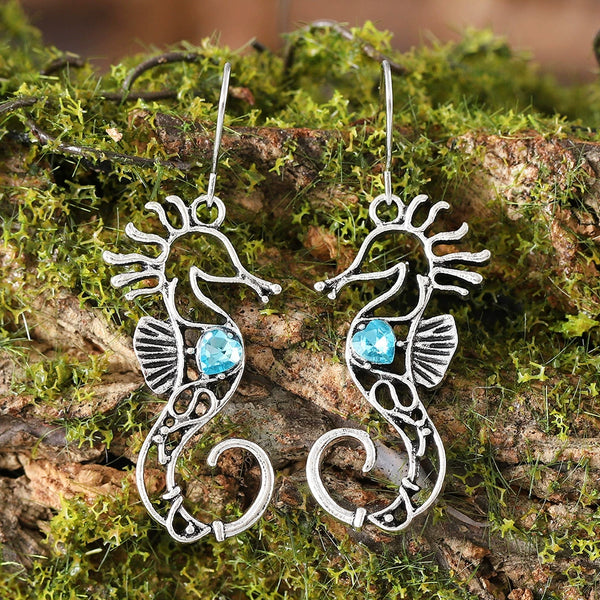 Blue Gemstone Cutout Design Seahorse Earrings