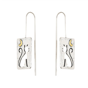 Cute Hollowed Out Cat Crescent Alloy Pendant Square Plaque Earrings