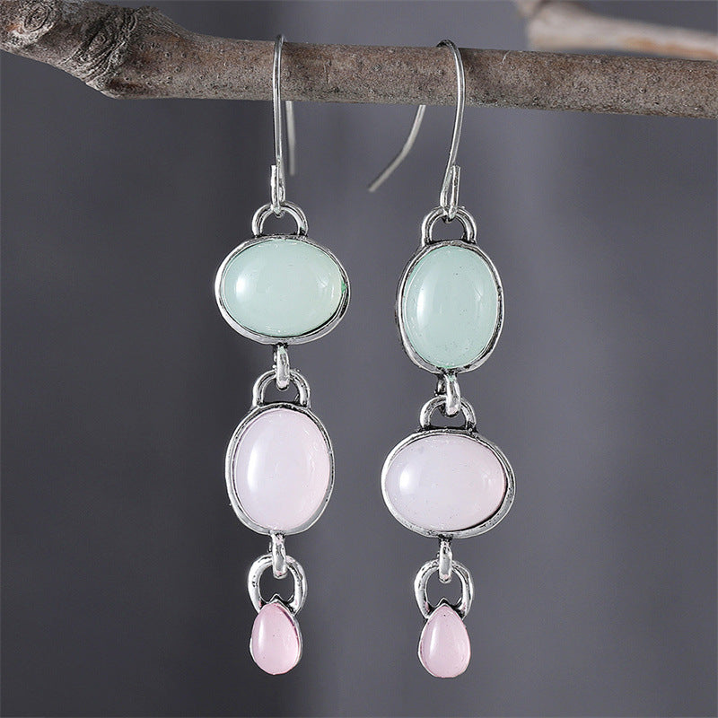 Pink Green Cat's Eye Stone Dangle Earrings