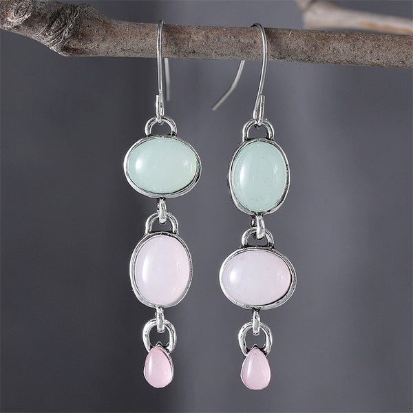 Pink Green Cat's Eye Stone Dangle Earrings