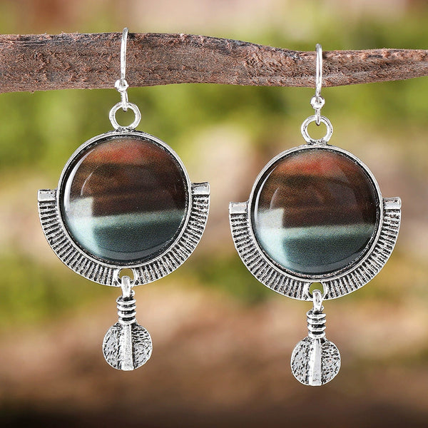 Vintage Round Ethnic Sunset Quicksand Dangle Earrings