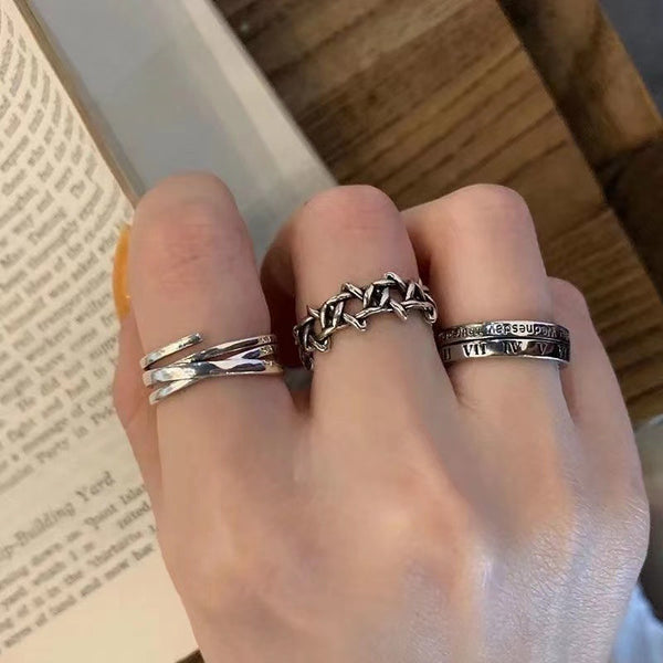 Vintage Roman Numeral Hexagram 3 Piece Ring Set