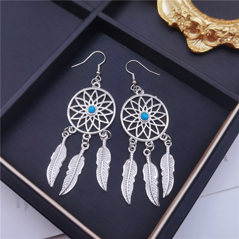 Dreamcatcher Feather Turquoise Drop Earrings