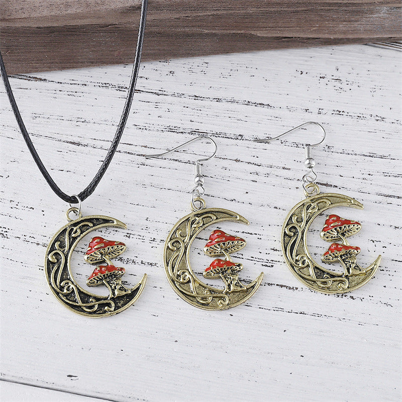 Moon Red Mushroom Earrings Necklace