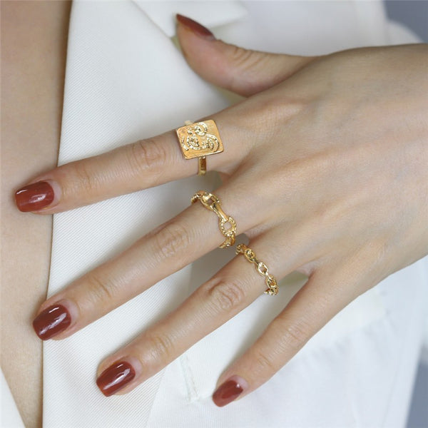 Vintage Roman Numeral Hexagram 3 Piece Ring Set