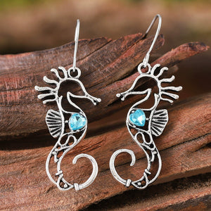 Blue Gemstone Cutout Design Seahorse Earrings