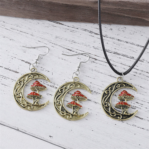 Moon Red Mushroom Earrings Necklace