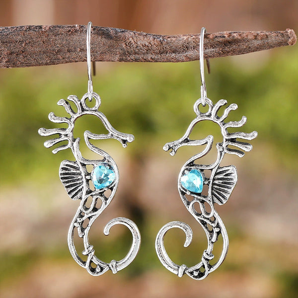 Blue Gemstone Cutout Design Seahorse Earrings