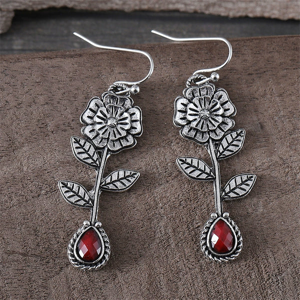 Ethnic Style Ruby Flower Earrings