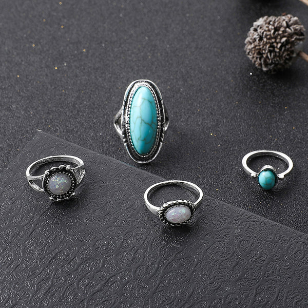 Turquoise Carved Feather Ring Set