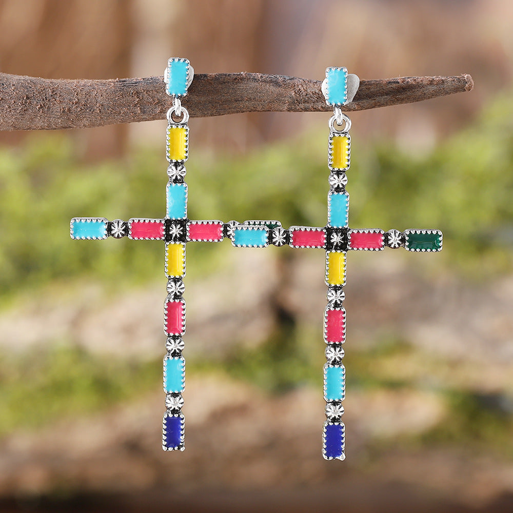 Boho Colorful Cross Dangle Earrings