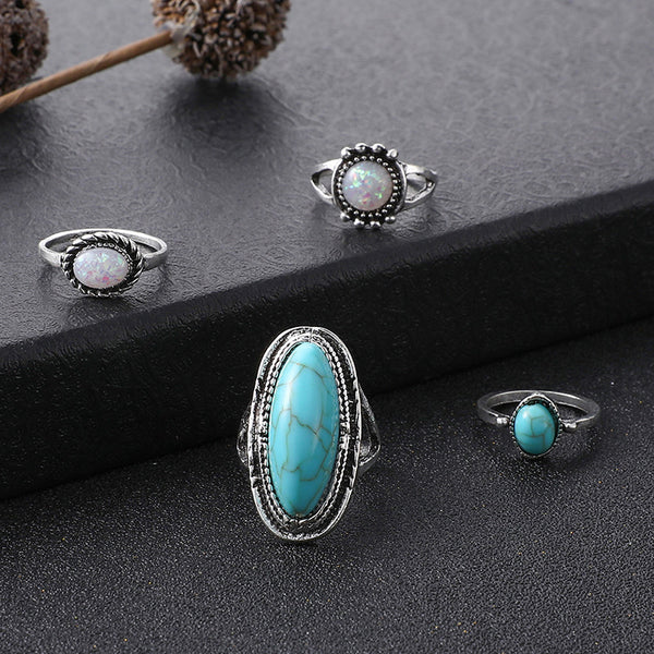 Turquoise Carved Feather Ring Set