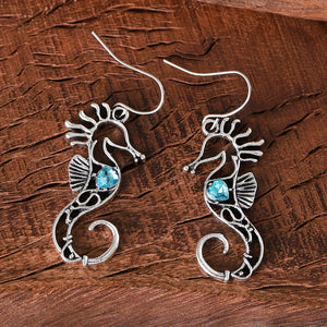 Blue Gemstone Cutout Design Seahorse Earrings