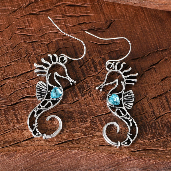Blue Gemstone Cutout Design Seahorse Earrings