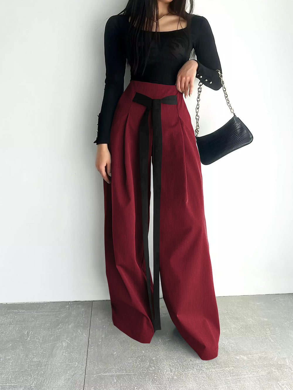 Trendy Tie-Waist Wide-Leg Suit Pants