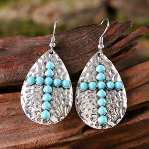 Boho Geometric Teardrop Turquoise Cross Dangle Earrings