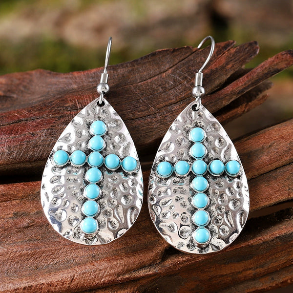 Boho Geometric Teardrop Turquoise Cross Dangle Earrings