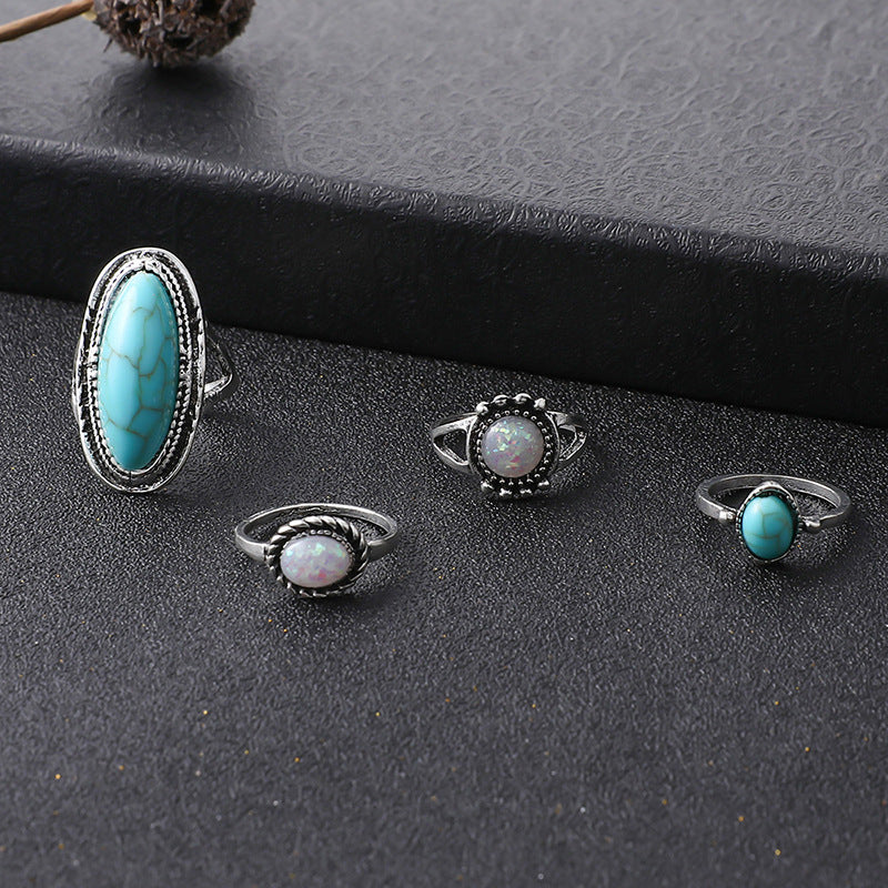 Turquoise Carved Feather Ring Set