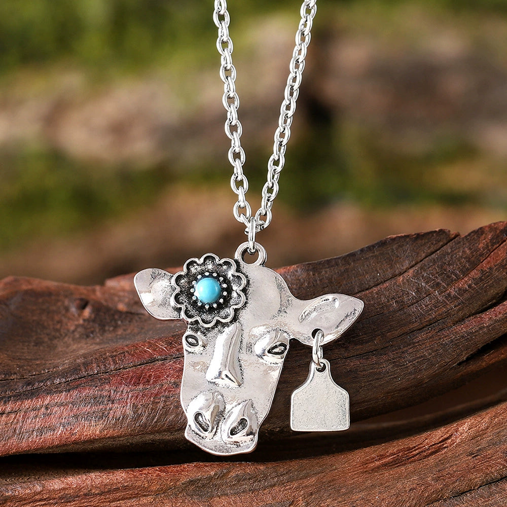 Bohemian Turquoise Cow Head Necklace