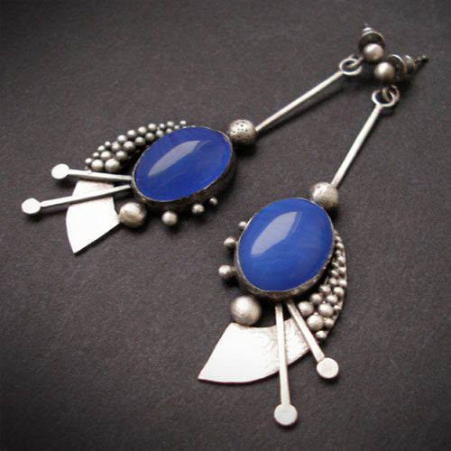 Geometric round lapis lazuli long earrings