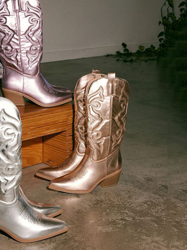 Metallic PU Leather Cowboy Boots