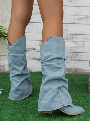 Point Toe Denim Chunky Boots