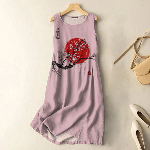 Vintage Japanese Ink Flower Sunrise Art Print Sleeveless Midi Dress