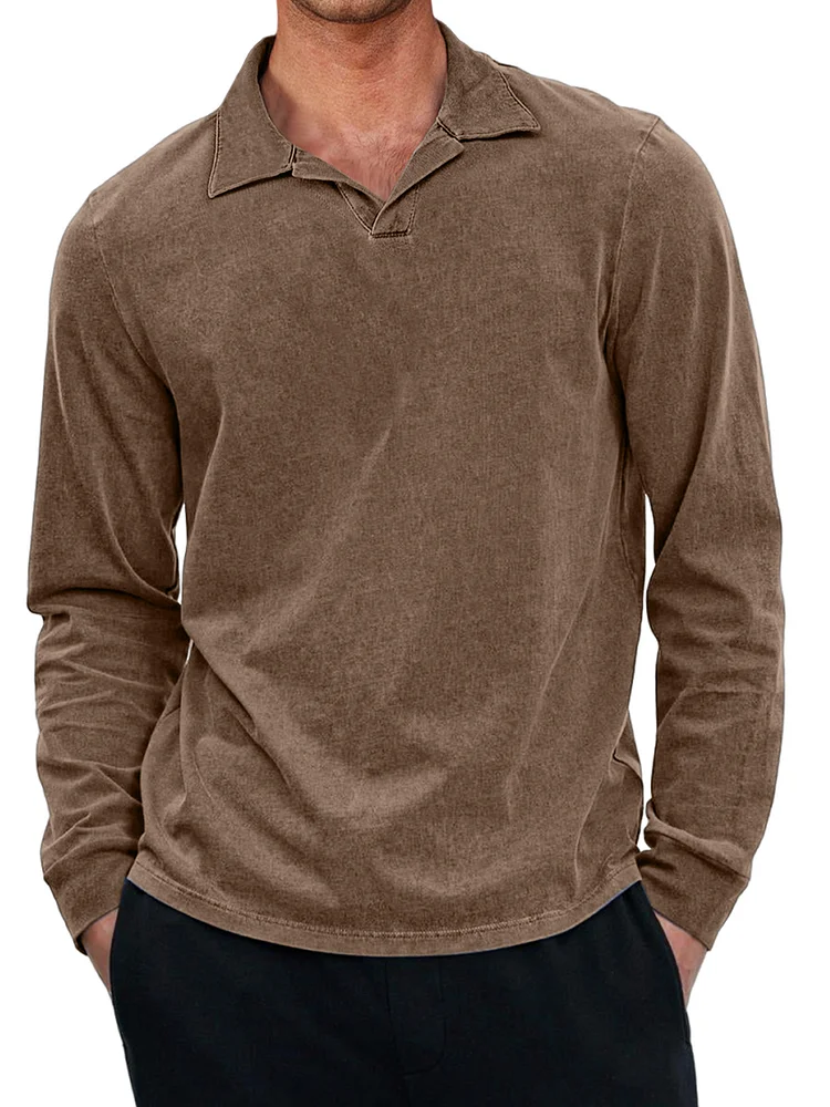 Men's Casual Retro Small V-neck Long-sleeved Polo Shirt