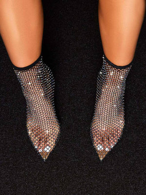 Fishnet Mesh Rhinestone Stiletto Heel Boots