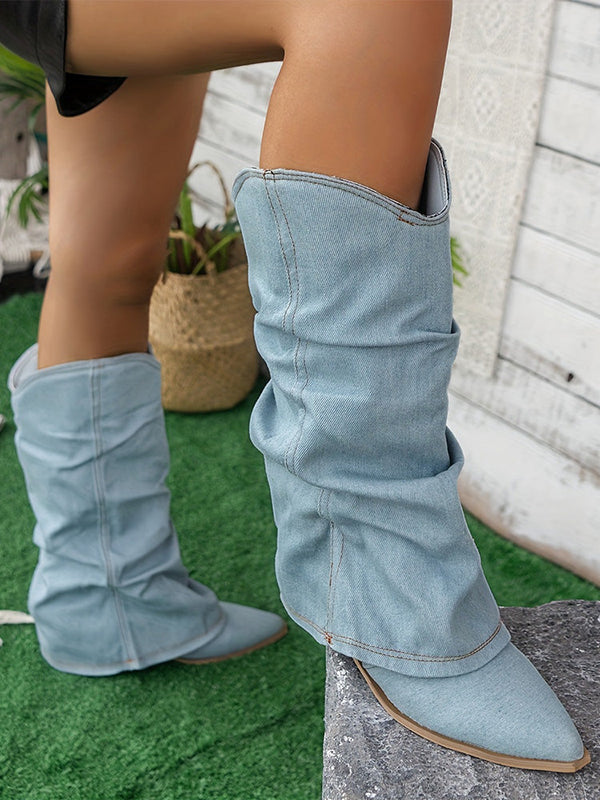 Point Toe Denim Chunky Boots